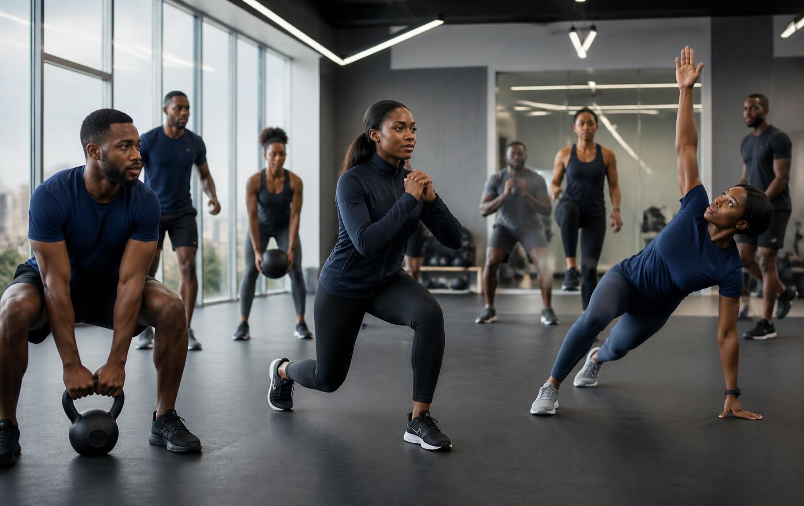 Corporate group fitness class training together in a modern studio